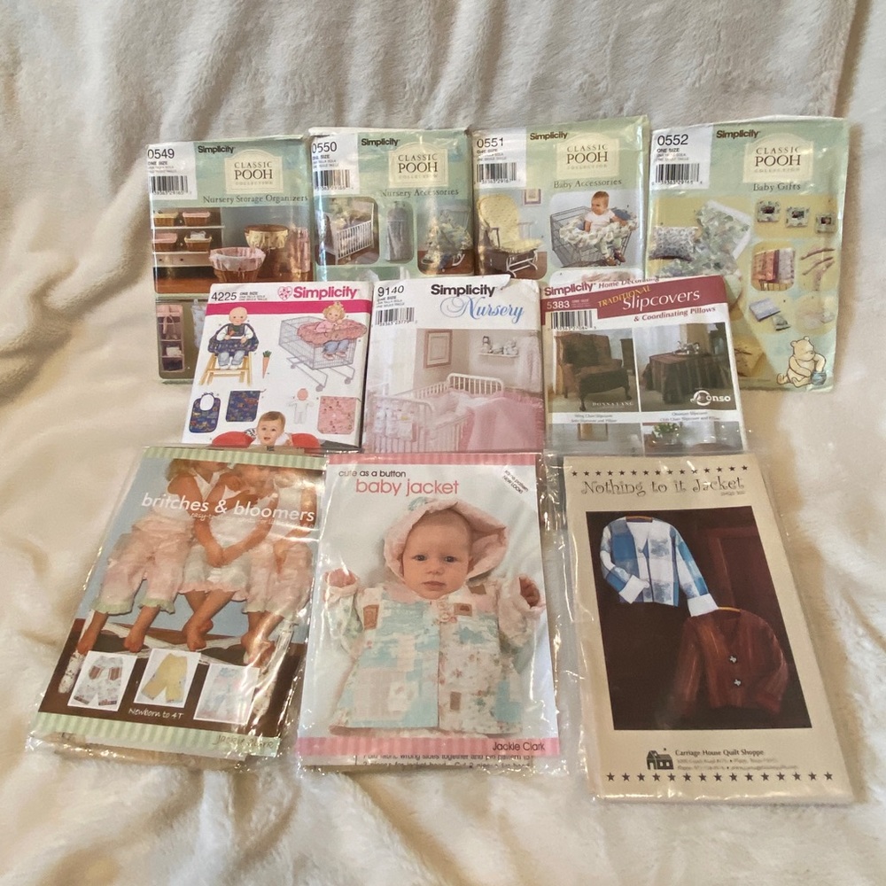 Bundle of 10 Misc Sewing Patterns Simplicity Classic Pooh, Baby, Home, Jacket